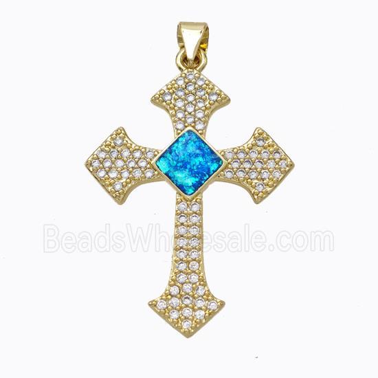 Copper Cross Pendant Micropave Zirconia Fire Opal 18K Gold Plated