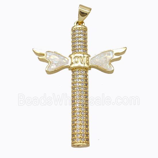 Copper Cross Pendant Micropave Zirconia Fire Opal LOVE Angelwings 18K Gold Plated