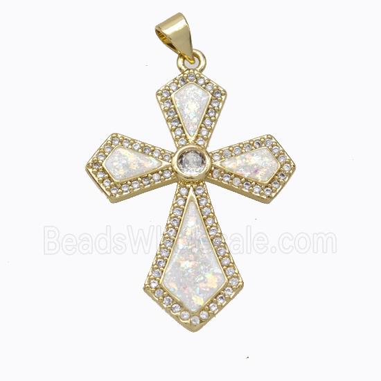 Copper Cross Pendant Micropave Zirconia White Fire Opal 18K Gold Plated