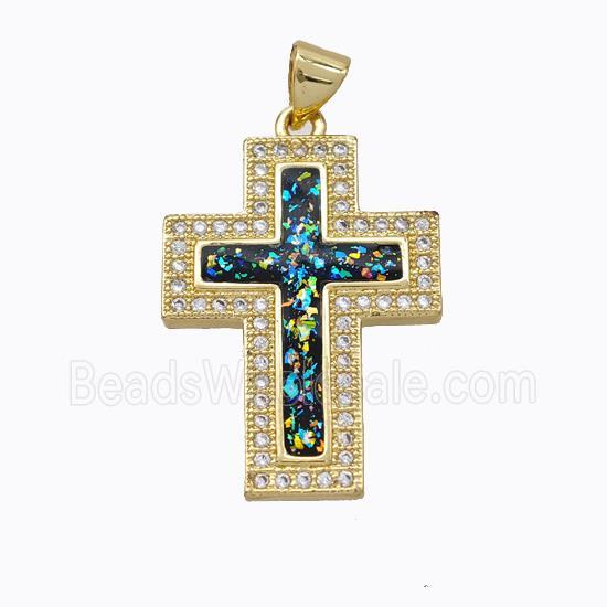 Copper Cross Pendant Micropave Zirconia Multicolor Fire Opal 18K Gold Plated