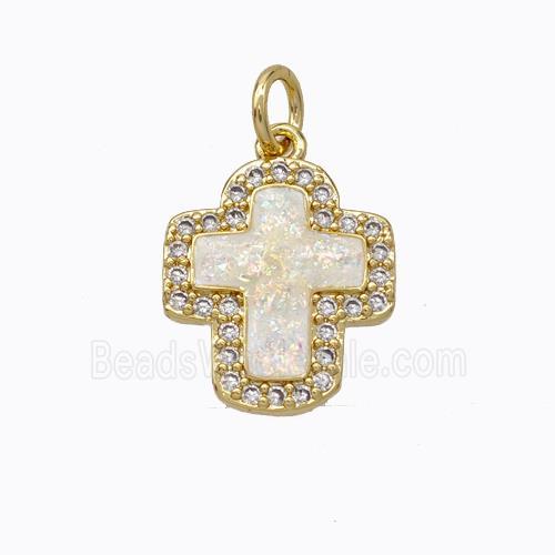 Copper Cross Pendant Micropave Zirconia White Fire Opal 18K Gold Plated