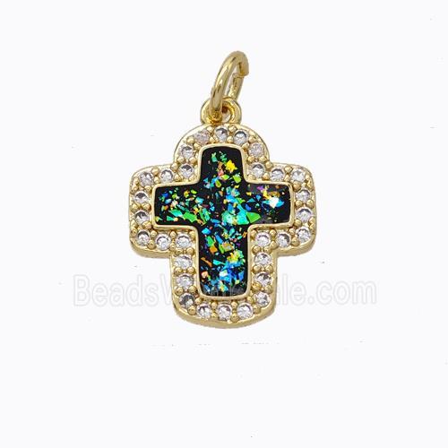 Copper Cross Pendant Micropave Zirconia Multicolor Fire Opal 18K Gold Plated