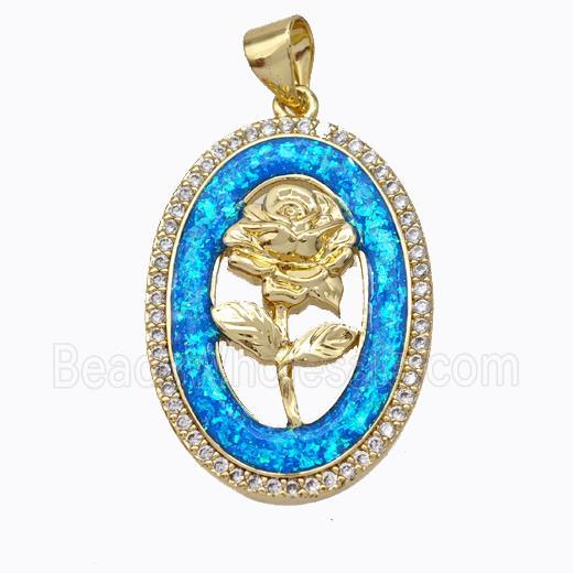 Copper Flower Pendant Micropave Zirconia Blue Fire Opal Oval 18K Gold Plated