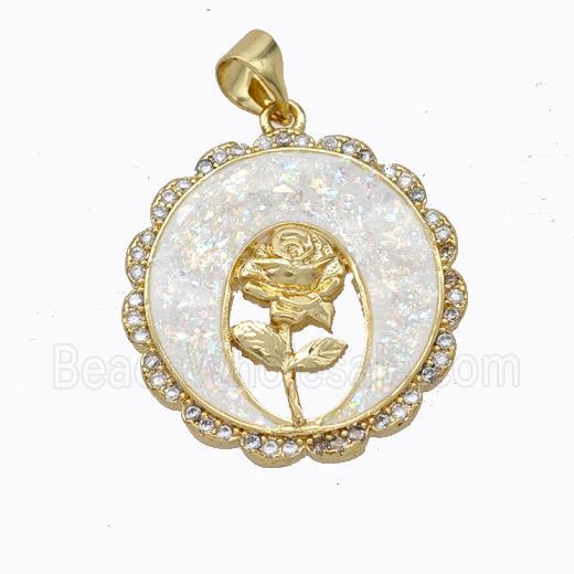 Copper Flower Pendant Micropave Zirconia White Fire Opal Circle 18K Gold Plated
