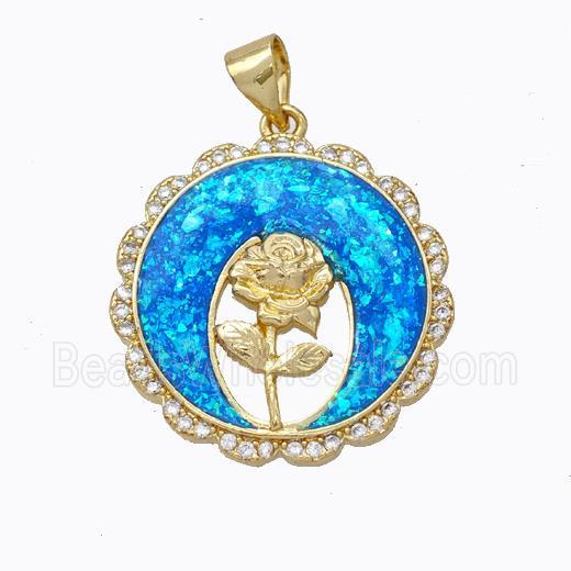 Copper Flower Pendant Micropave Zirconia Blue Fire Opal Circle 18K Gold Plated