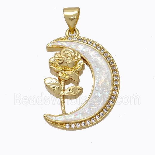 Copper Flower Pendant Micropave Zirconia White Fire Opal Moon 18K Gold Plated