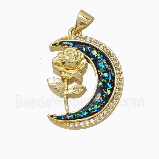 Copper Flower Pendant Micropave Zirconia Multicolor Fire Opal Moon 18K Gold Plated