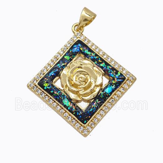 Copper Flower Pendant Micropave Zirconia Multicolor Fire Opal Square 18K Gold Plated