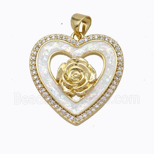 Copper Heart Pendant Micropave Zirconia White Fire Opal Flower 18K Gold Plated