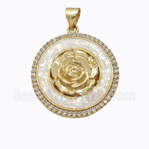 Copper Flower Pendant Micropave Zirconia White Fire Opal Circle 18K Gold Plated