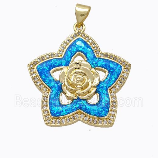Copper Flower Pendant Micropave Zirconia Blue Fire Opal 18K Gold Plated
