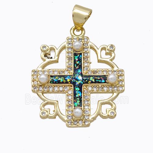 Copper Cross Pendant Pave Multicolor Fire Opal 18K Gold Plated