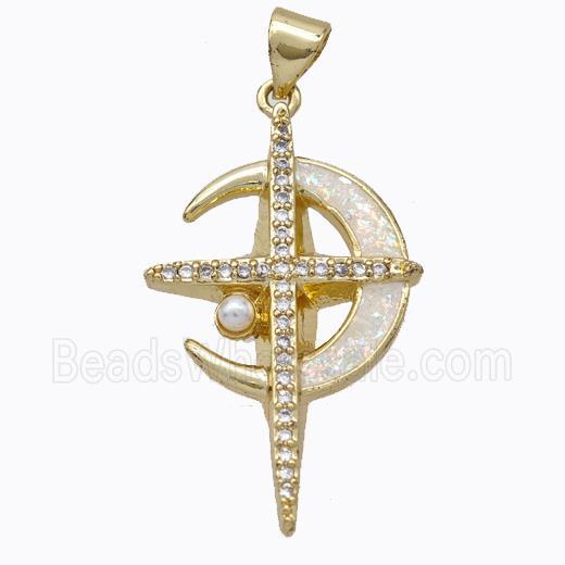 Copper Moon Pendant Pave White Fire Opal Cross 18K Gold Plated