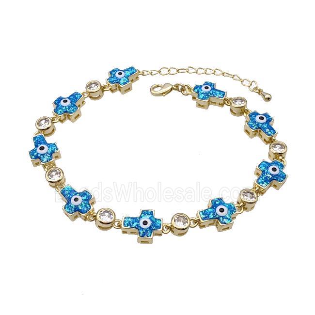 Copper Cross Bracelet Evil Eye Pave Blue Fire Opal 18K Gold Plated