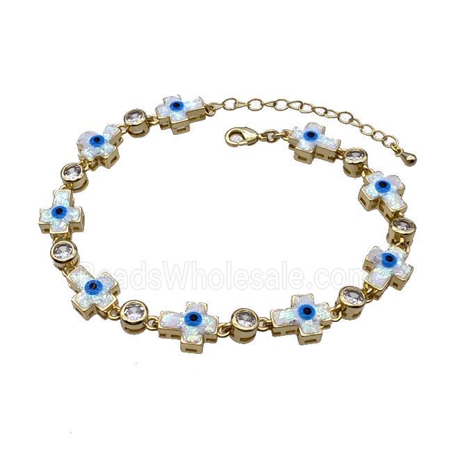 Copper Cross Bracelet Evil Eye Pave White Fire Opal 18K Gold Plated