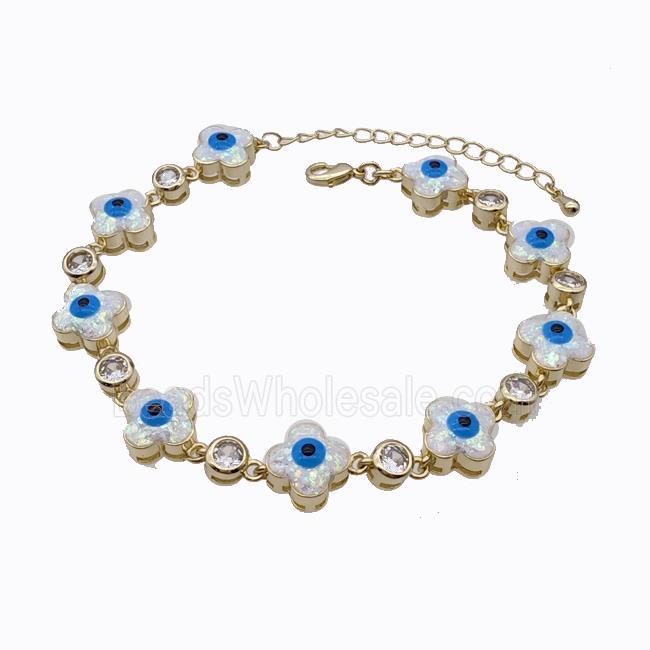 Copper Clover Bracelet Evil Eye Pave White Fire Opal 18K Gold Plated