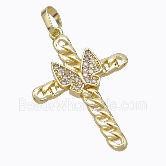 Copper Cross Pendant Pave Zirconia Butterfly Gold Plated