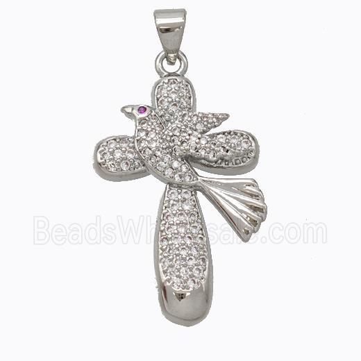Copper Cross Pendant Pave Zirconia Birds Platinum Plated