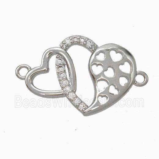 Copper Heart Connector Micropave Zirconia Platinum Plated