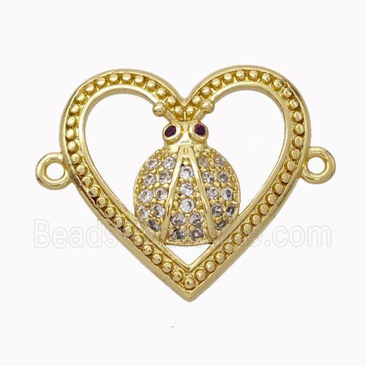 Copper Heart Micropave Zirconia Ladybug Gold Plated