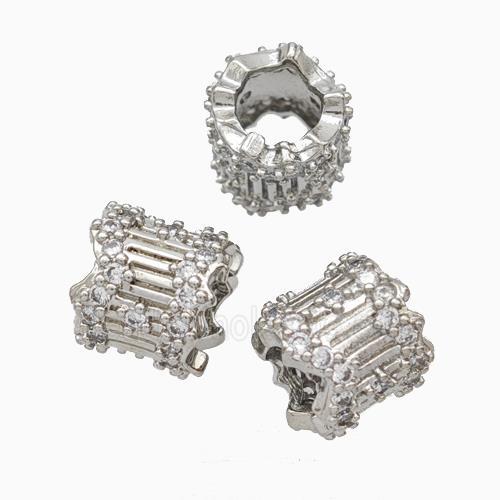 Copper Tube Beads Pave Zirconia Large Hole Platinum Plated