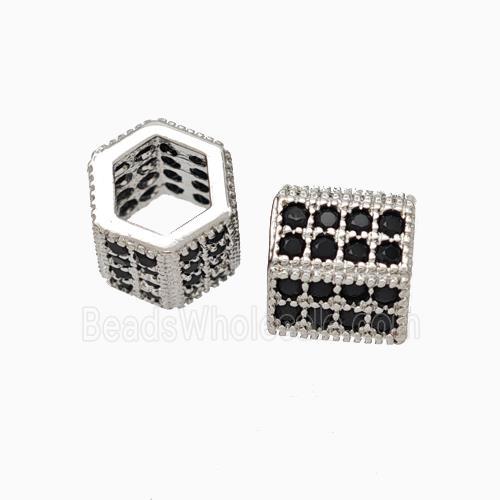 Copper Hexagon Tube Beads Micropave Zirconia Large Hole Platinum Plated
