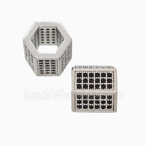 Copper Hexagon Tube Beads Micropave Zirconia Large Hole Platinum Plated