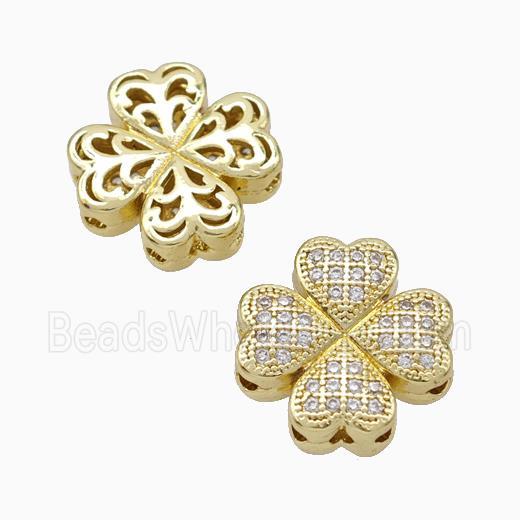 Copper Clover Beads Micropave Zirconia Gold Plated