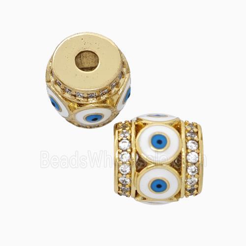 Copper Barrel Beads Pave Zirconia White Enamel Evil Eye Large Hole Gold Plated