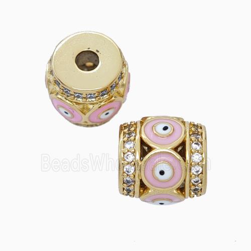 Copper Barrel Beads Pave Zirconia Pink Enamel Evil Eye Large Hole Gold Plated