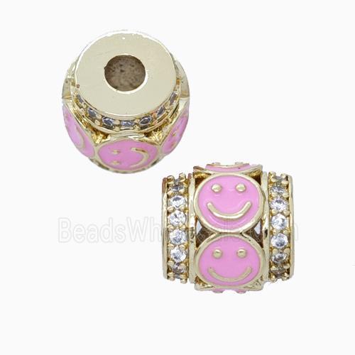 Copper Barrel Beads Pave Zirconia Pink Enamel Emoji Large Hole Gold Plated