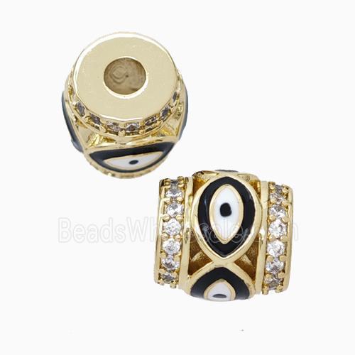 Copper Barrel Beads Pave Zirconia Black Enamel Eye Large Hole Gold Plated