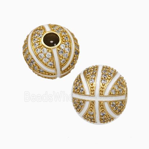 Copper Basketball Beads Pave Zirconia White Enamel Round Sport Gold Plated