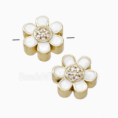Copper Flower Beads Micropave Zirconia White Enamel Gold Plated