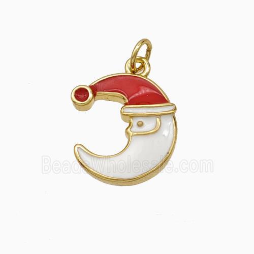 Christmas Santa Claus Copper Moon Pendant White Red Enamel Gold Plated