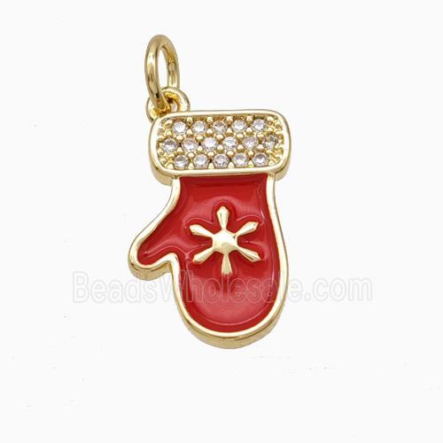 Christmas Mitten Charms Copper Pendant Pave Zirconia Red Enamel Gold Plated