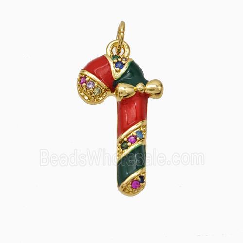 Christmas Candy Cane Charms Copper Pendant Pave Zirconia Red Enamel Gold Plated