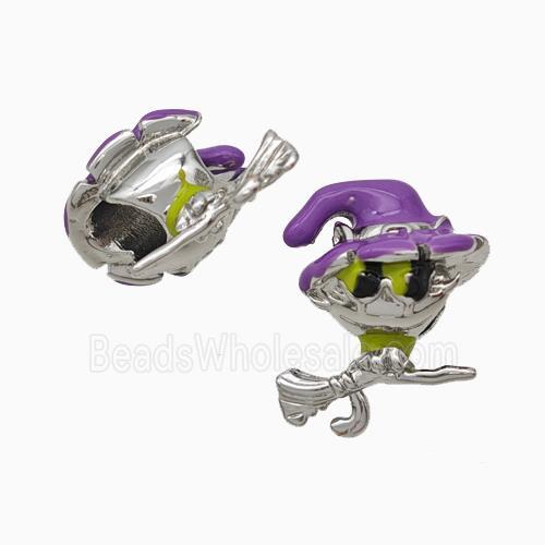 Halloween Witch Charms Copper Beads Broom Purple Enamel Large Hole Platinum Plated