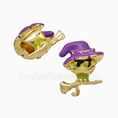 Halloween Witch Charms Copper Beads Broom Purple Enamel Large Hole Gold Plated