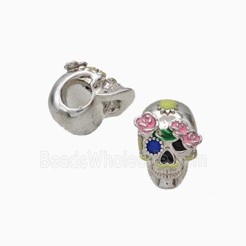 Halloween Skull Charms Copper Beads Pave Zirconia Enamel Large Hole Platinum Plated