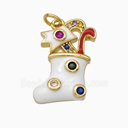 Christmas Stocking Charms Copper Pendant Pave Zirconia White Enamel Gold Plated