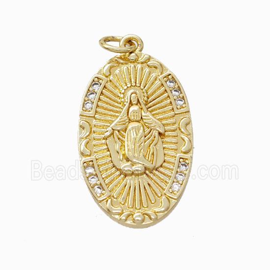 Virgin Mary Charms Copper Pendant Pave Zirconia Oval Gold Plated
