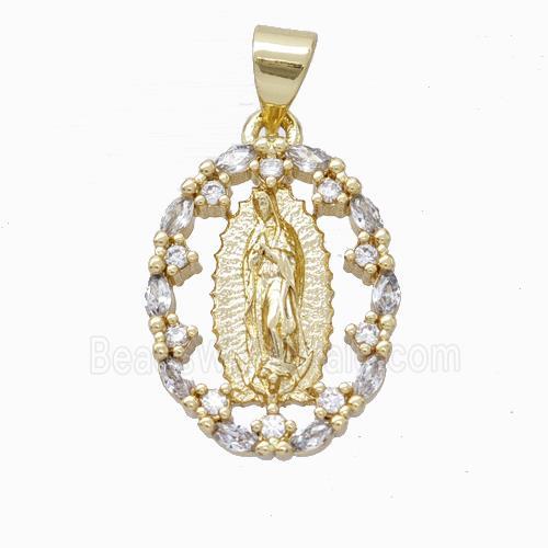 Virgin Mary Charms Copper Oval Pendant Micropave Zirconia Gold Plated