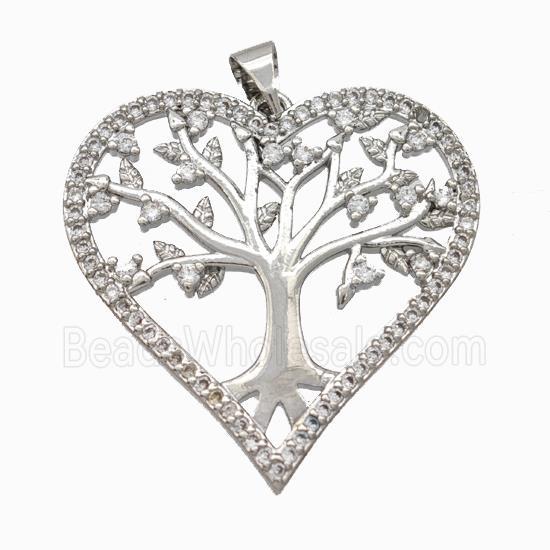 Copper Tree Pendant Micropave Zirconia Heart Platinum Plated