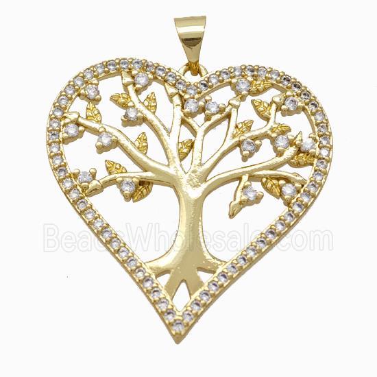 Copper Tree Pendant Micropave Zirconia Heart Gold Plated