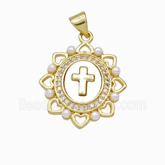 Copper Cross Pendant Pave Zirconia Shell Resin 18K Gold Plated