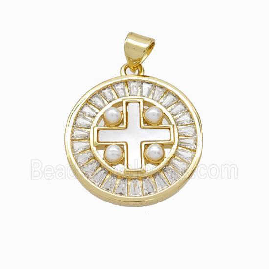 Copper Cross Pendant Pave Zirconia Shell Resin 18K Gold Plated