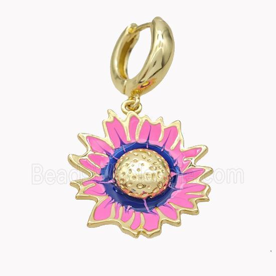Copper Hoop Earrings With Sunflower Pink Enamel Gold Plated