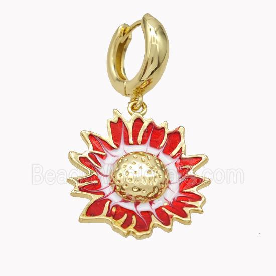 Copper Hoop Earrings With Sunflower Red Enamel Gold Plated