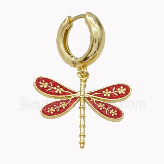 Copper Hoop Earrings With Dragonfly Red Enamel Gold Plated